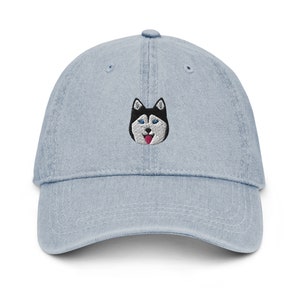 Husky hat, embroidered unisex denim hat, Siberian husky gifts, siberian husky mom dad hat.