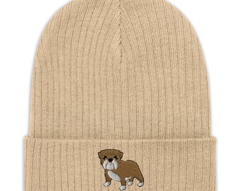 Bulldogbeanie, geborduurde uniseks geribbelde muts, cartoon bulldog moederhoed, bulldog vaderhoed, bulldog cadeaus, geribbelde gebreide beanie.