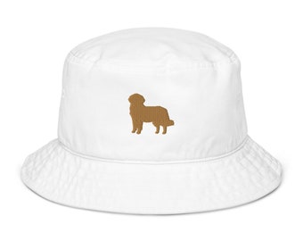 Golden retriever-hatt, broderad ekologisk bucket hat, för vuxna, retrieverpresenter, gammalt guldbroderi.