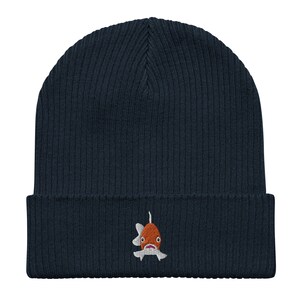 Goldfish beanie, Embroidered Unisex 100% organic Cotton Ribbed Beanie, for kids and adults, Goldfish Gifts.