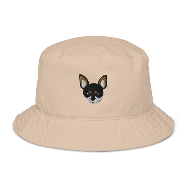 Chihuahua hat, tri-color chihuahua hat, embroidered unisex organic bucket hat, chihuahua gifts for dog mom dog dad.
