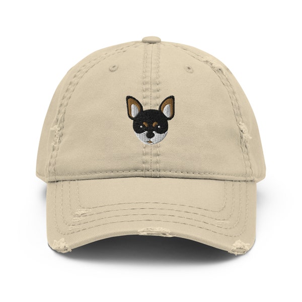 Chihuahua hat, tri-color chihuahua hat, embroidered unisex distressed hat, chihuahua gifts for dog mom dog dad.