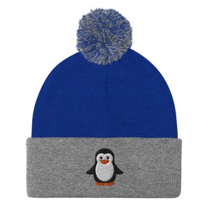 Penguin beanie, embroidered penguin beanie, penguin gifts, unisex beanie, Pom-Pom Beanie.