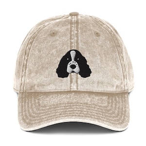 English Springer spaniel hat, embroidered unisex vintage hat, Springer spaniel gifts, black and white embroidery, new vintage hat designs.