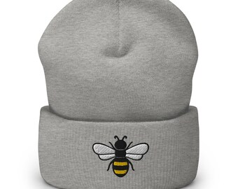 Bee Beanie, Embroidered Unisex Cuffed Beanie, Bee Beanie Hat