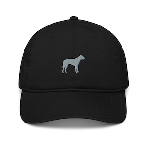 May include: A black baseball cap with a grey embroidered silhouette of a dog.