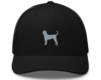 May include: Black mesh trucker hat with a grey embroidered silhouette of a Bloodhound dog.