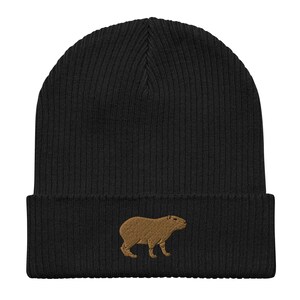 Capybara Beanie, Embroidered Unisex Organic Ribbed Beanie, 100% Organic Cotton, Capybara Gifts.