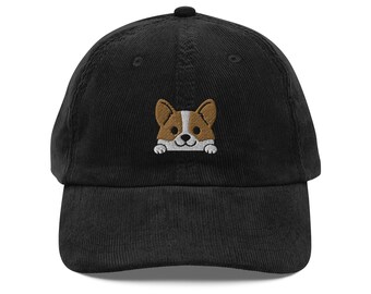 Corgi corduroy hat, embroidered unisex Vintage corduroy cap, kawaii corgi hat, funny corgi cap, corgi lover gifts.