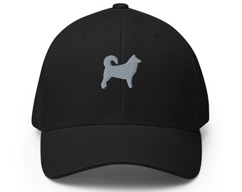 May include: A black baseball cap with an embroidered gray silhouette of a dog.