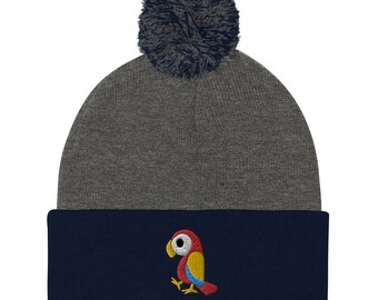 Parrot beanie, parrot hat for adults and kids, embroidered unisex Pom-Pom Beanie, parrot gifts, one size fits all.