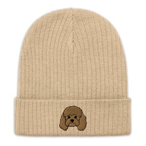 Cavapoo beanie, Cavalier King Charles Spaniel and a Poodle mix, embroidered unisex Ribbed knit beanie cavapoo gifts, old gold embroidery.