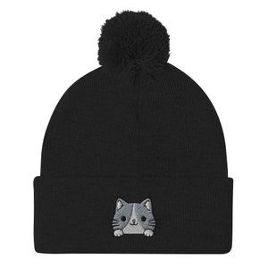 Funny kawaii cat beanie, embroidered unisex pom-pom beanie, grey and white cat hat, cat mom hat, cat dad hat.