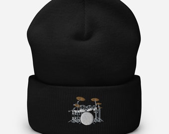 Drum beanie, embroidered drum kit beanie, drummer beanie, drummer gift, fathers day gift, Cuffed Beanie