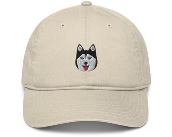 Husky hat, embroidered unisex organic dad hat, Siberian husky gifts, siberian husky mom dad hat.