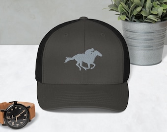 Horse racing trucker hat, embroidered unisex Trucker Cap, horse racing hats for men, horse racing gifts.