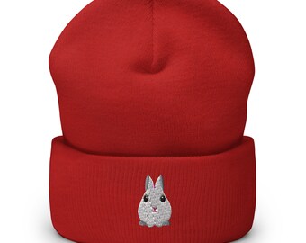 【HONKYO】 Bunny Beanie (Dot) Dwarf Hotot Rabbit Beanie, Embroidered Unisex Cuffed Beanie