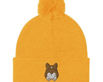 Corgi Beanie, Funny Corgi Butt Beanie hat, Embroidered Corgi Beanie, Corgi Gifts, Winter hat, Pom-Pom Beanie.