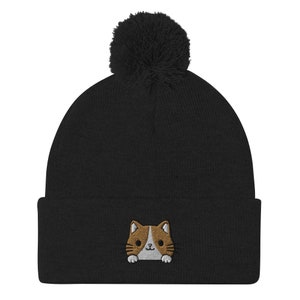 Funny kawaii cat beanie, embroidered unisex pom-pom beanie, cat mom hat, white and old gold embroidery.