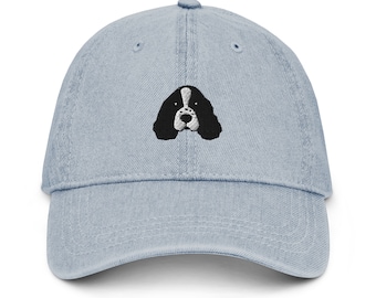 English Springer spaniel hat, embroidered unisex denim hat, Springer spaniel gifts, black and white embroidery.