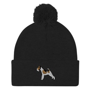 Fox Terrier beanie, Embroidered pom pom beanie hat, Wire Fox Terrier hat, Fox Terrier mom hat, dad hat, whole body embroidery.