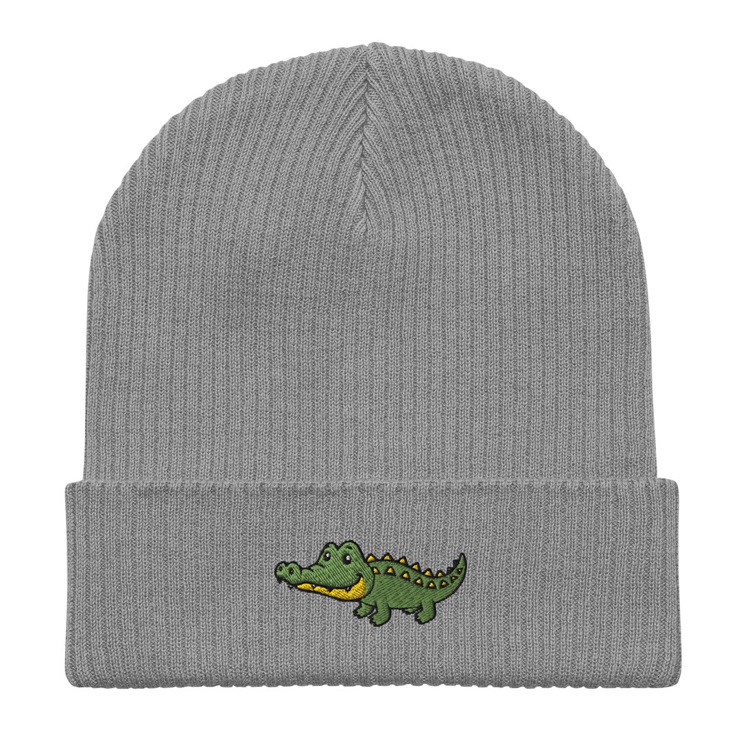 Crocodile Beanie, Embroidered Unisex 100% Organic Cotton Ribbed