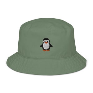 Penguin hat, embroidered unisex organic bucket hat, penguin gifts for penguin lovers.