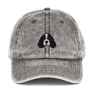 English Springer spaniel hat, embroidered unisex vintage hat, Springer spaniel gifts, black and white embroidery.