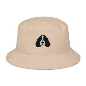 English Springer spaniel hat, embroidered unisex organic bucket hat, Springer spaniel gifts, black and white embroidery.