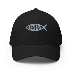 Jesus fish symbol hat, embroidered structured hat, Jesus hat, Christian hat.
