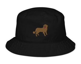 Golden retriever bucket hat, broderad ekologisk bucket hat, gyllene bucket hat, gyllene mammahatt, gyllene pappahatt.