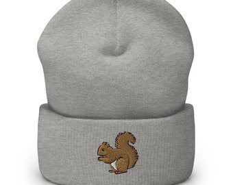 Squirrel beanie, embroidered unisex cuffed beanie, squirrel beanie hat, squirrel lover gifts.