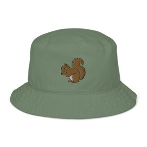 Squirrel bucket hat, embroidered unisex Organic bucket hat, squirrel hat, squirrel gifts for squirrel lovers, 100% organic cotton.