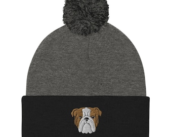 Gorro de buldogue, gorro unissex bordado, gorro de buldogue, chapéu de pai de mãe de buldogue, presentes de Natal de buldogue, gorro Pom-Pom.