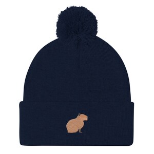 Capybara beanie, Full color embroidered unisex Pom-Pom beanie, Capybara gifts, Winter hat, Design 1.