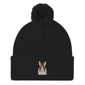 Dutch rabbit beanie, embroidered pom-pom beanie, dutch rabbit gift, dutch rabbit mom dad hat, birthday gift, Christmas gift.