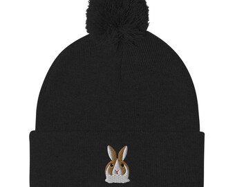 Dutch rabbit beanie, embroidered pom-pom beanie, dutch rabbit gift, dutch rabbit mom dad hat, birthday gift, Christmas gift.