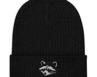 Raccoon beanie, raccoon embroidered unisex Ribbed knit beanie, raccoon gift, for raccoon lovers, Christmas gift.