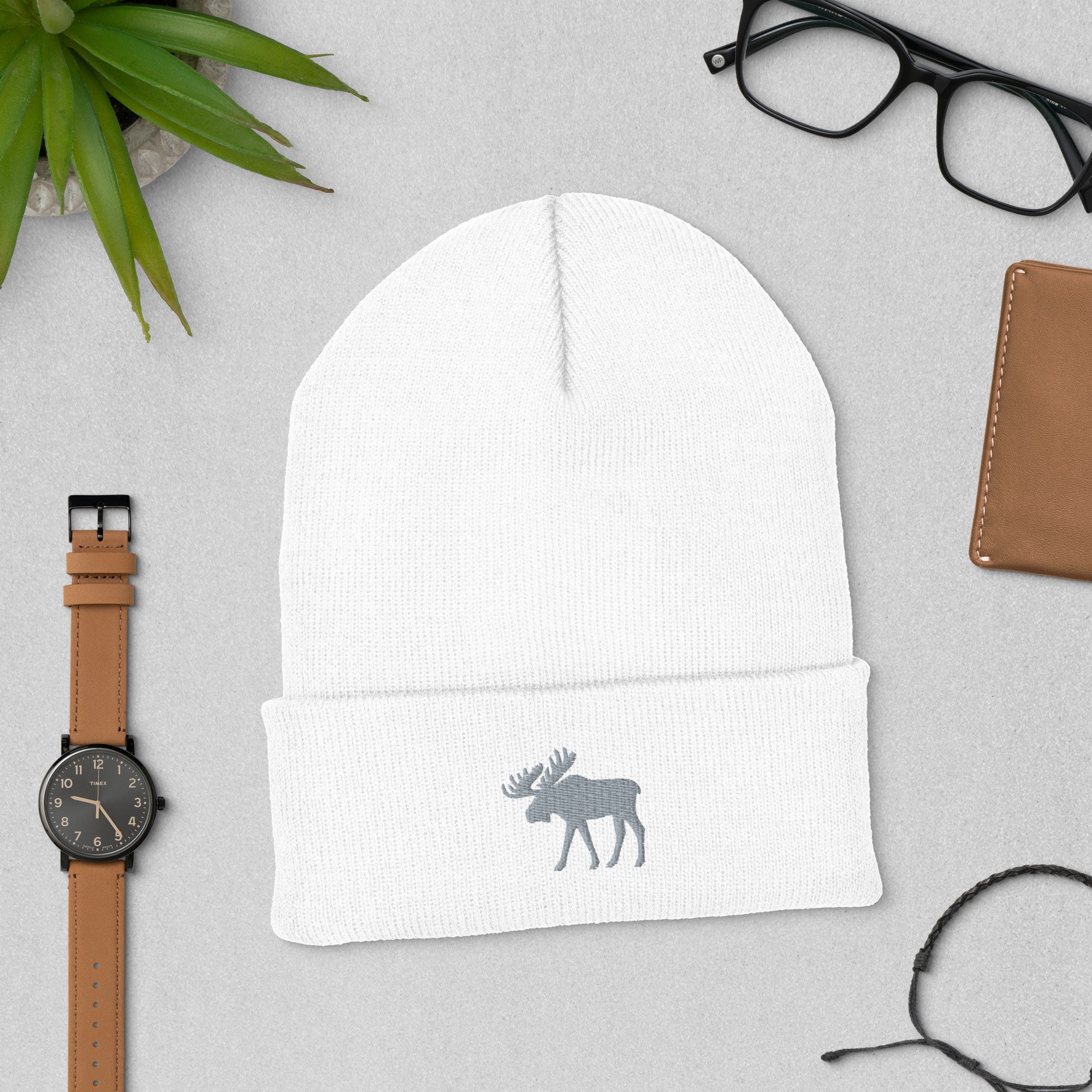 Moose Beanie, Embroidered Unisex Beanie Hat, Womens, Mens