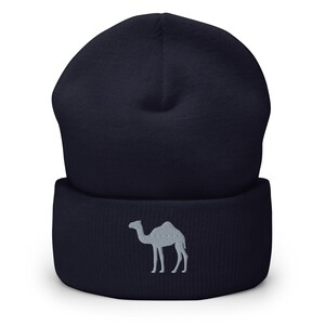 Camel beanie, embroidered unisex Cuffed Beanie, camel hats for men, for women, camel gifts, grey embroidery.