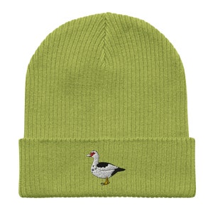 Muscovy Duck beanie, Embroidered Unisex Organic cotton ribbed beanie, Muscovy Duck Gifts.