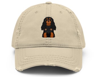 Cavalier king charles spaniel hat, black and tan, full colored printed unisex distressed hat, for adults, birthday, Christmas gifts.