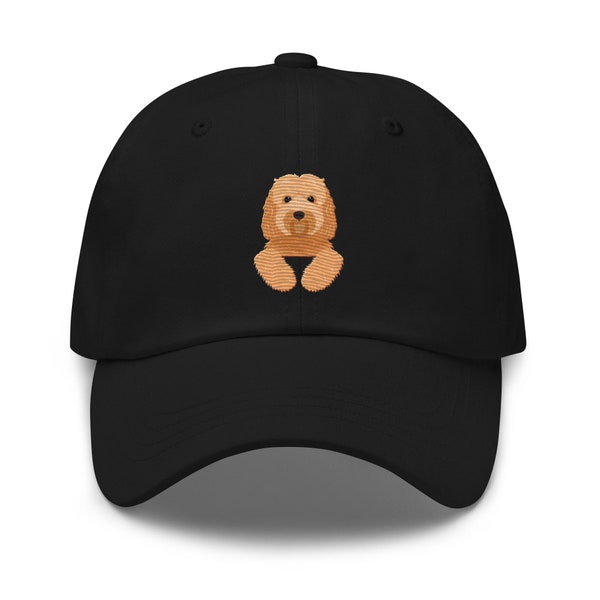 Apricot doodle hat, goldendoodle, maltipoo, labradoodle hat, full color embroidered dog peeking unisex baseball hat, apricot doodle gifts.