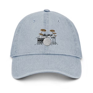 Drum hat, embroidered drum kit denim hat, drummer hat, drummer gift, Christmas gift, birthday gift, denim hat.