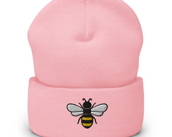 Bee beanie, embroidered unisex Cuffed Beanie, bee beanie hat, honey bee hat, for women, for men, honey bee gifts.