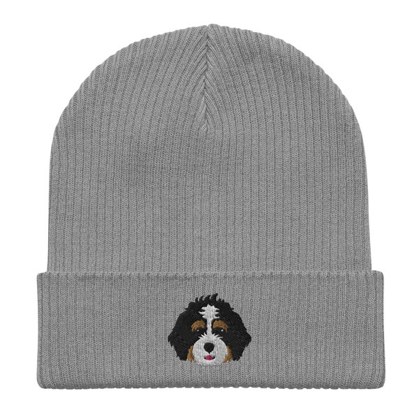 Tri-Color Bernedoodle Beanie, Embroidered Unisex Organic Ribbed Beanie, 100% Cotton, Bernedoodle Gifts, design 2.