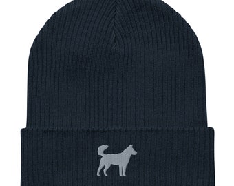 Korean Jindo Dog beanie, Embroidered Unisex 100% organic Cotton Ribbed Beanie, for kids and adults, Korean Jindo Dog Gifts.