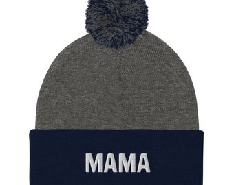 Mama beanie, embroidered pom-pom beanie, for adults, mom gifts.