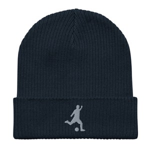 Soccer beanie, Embroidered Unisex 100% organic Cotton Ribbed Beanie, for men, Soccer Gifts, Classic.