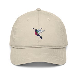 Sombrero de colibrí, sombrero de papá orgánico unisex bordado, regalo de colibrí, sombrero para amantes de los colibríes, sombreros de colibrí para mujeres y hombres.